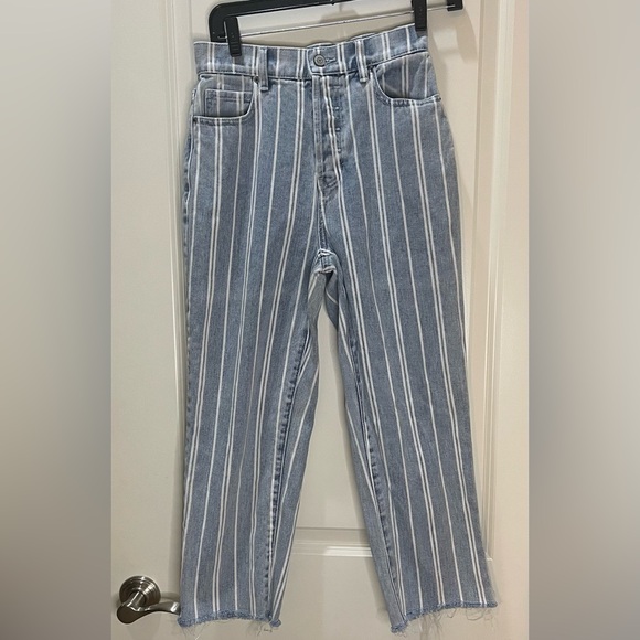 PacSun Denim - PacSun Blue and White Straight Leg Jeans with Vertical Stripes & Raw Hem Sz 25